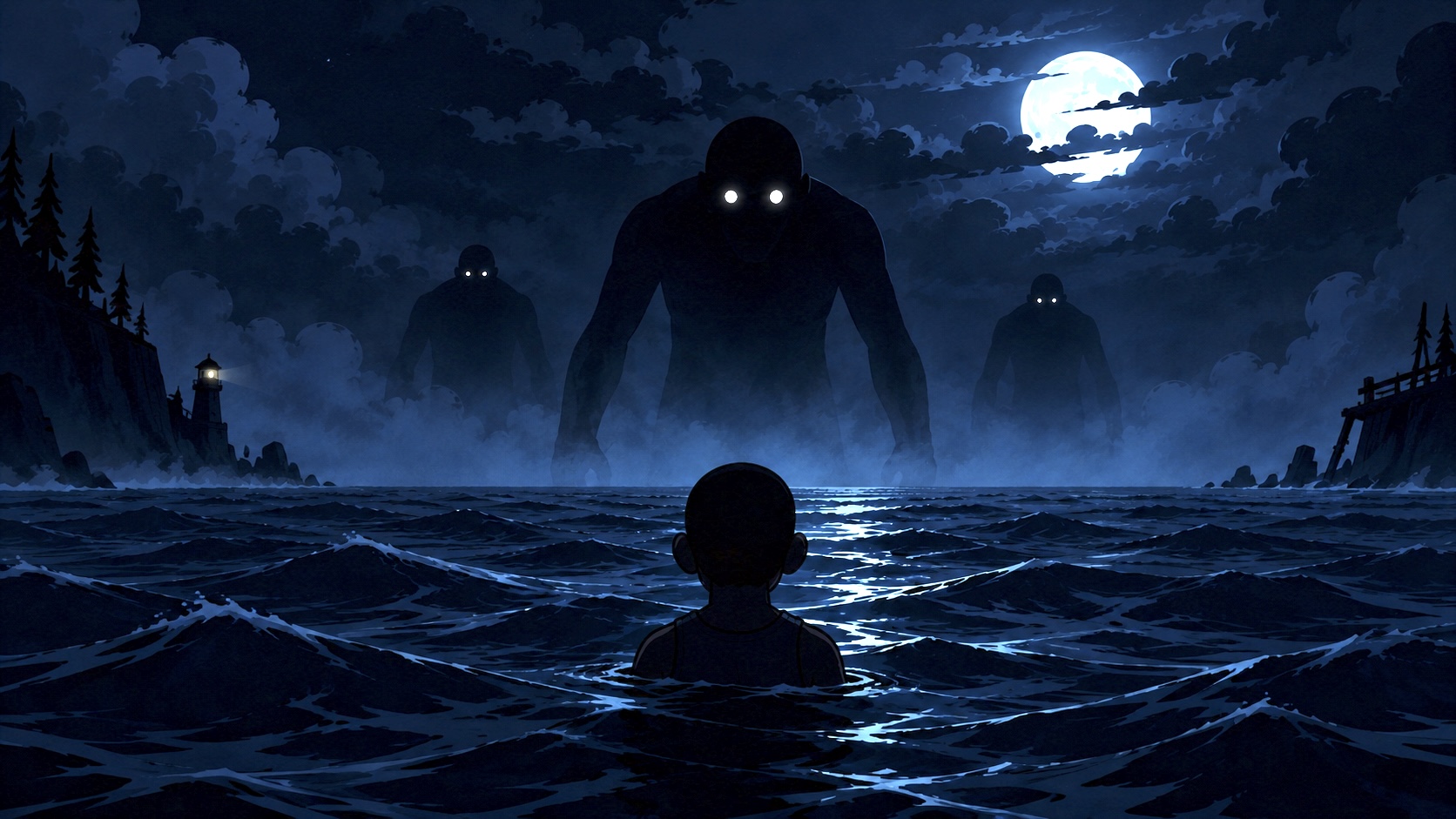 Uma figura observa o mar à noite diante de silhuetas gigantes no nevoeiro.